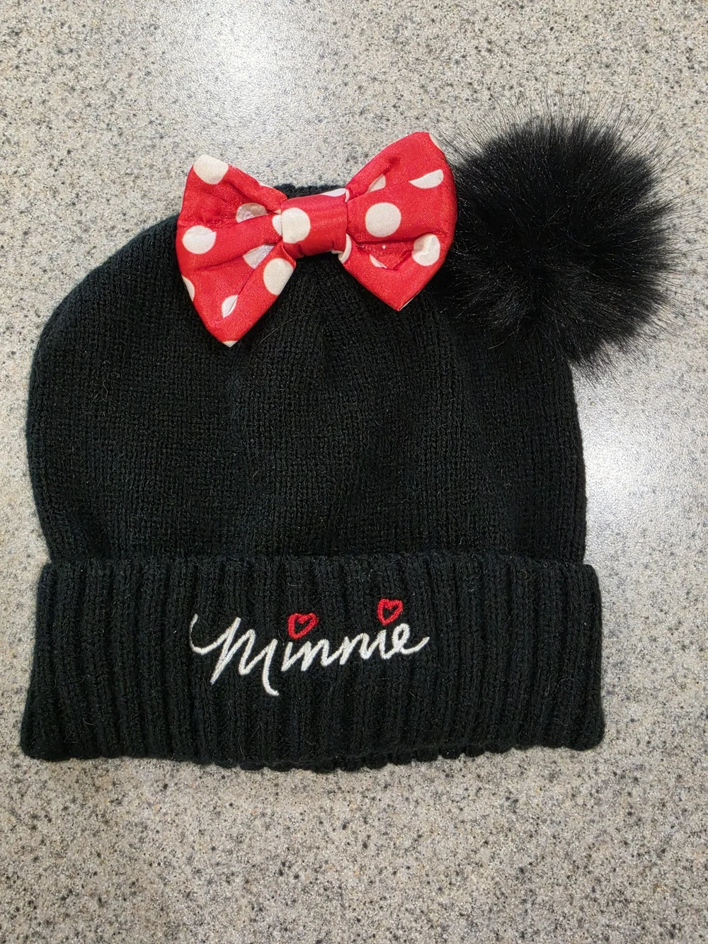 Disney Minnie Black Knit Beanie with Red Polka Dot Bow and Pom